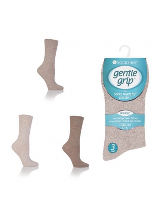 Ladies Gentle Grip 3 Pair Pack Of Diabetic Socks Beige